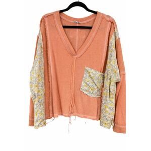 POL Small Peach Floral Patchwork Thermal Top Boho V Neck Raw Hem Cottagecore